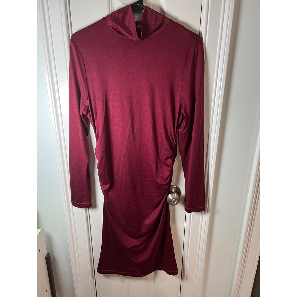 Burgundy Mock Neck Ruched Long Sleeve Bodycon Dress Wine Red Size Medium